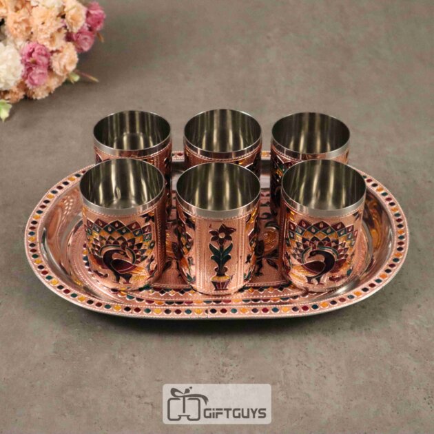 Handcrafted Meenakari Tray Set with 6 Glasses – 12 x 8.5 Inch, 250ml Drinkware Gift Set