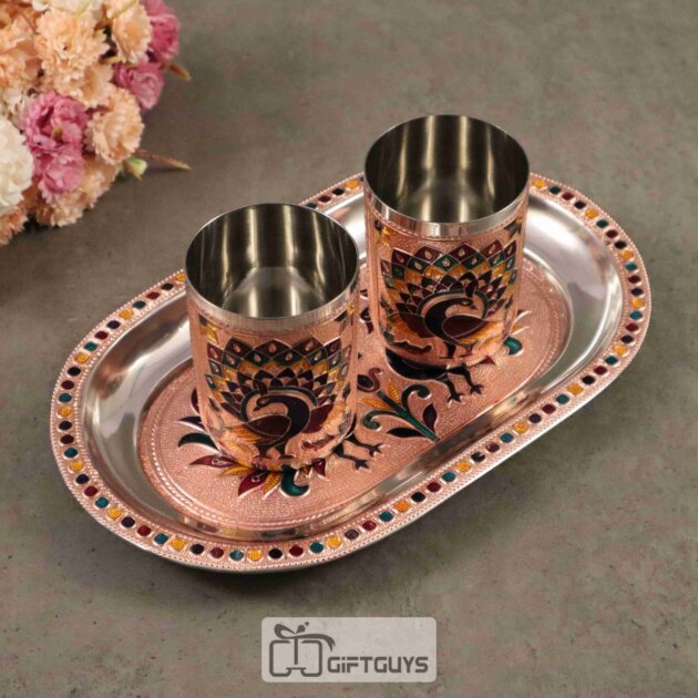 Handcrafted Meenakari Tray Set with 2 Glasses – 10.5 x 6.5 Inch, 250ml Drinkware Gift Set