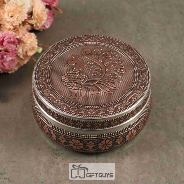Copper Finish Peacock Design Steel Box – Decorative Gift Box for Jewelry, Pooja & Return Gifts (5-Inch)