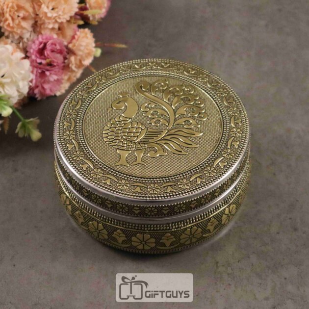 Golden Finish Peacock Design Steel Box – Decorative Gift Box for Jewelry, Pooja & Return Gifts (5-Inch)