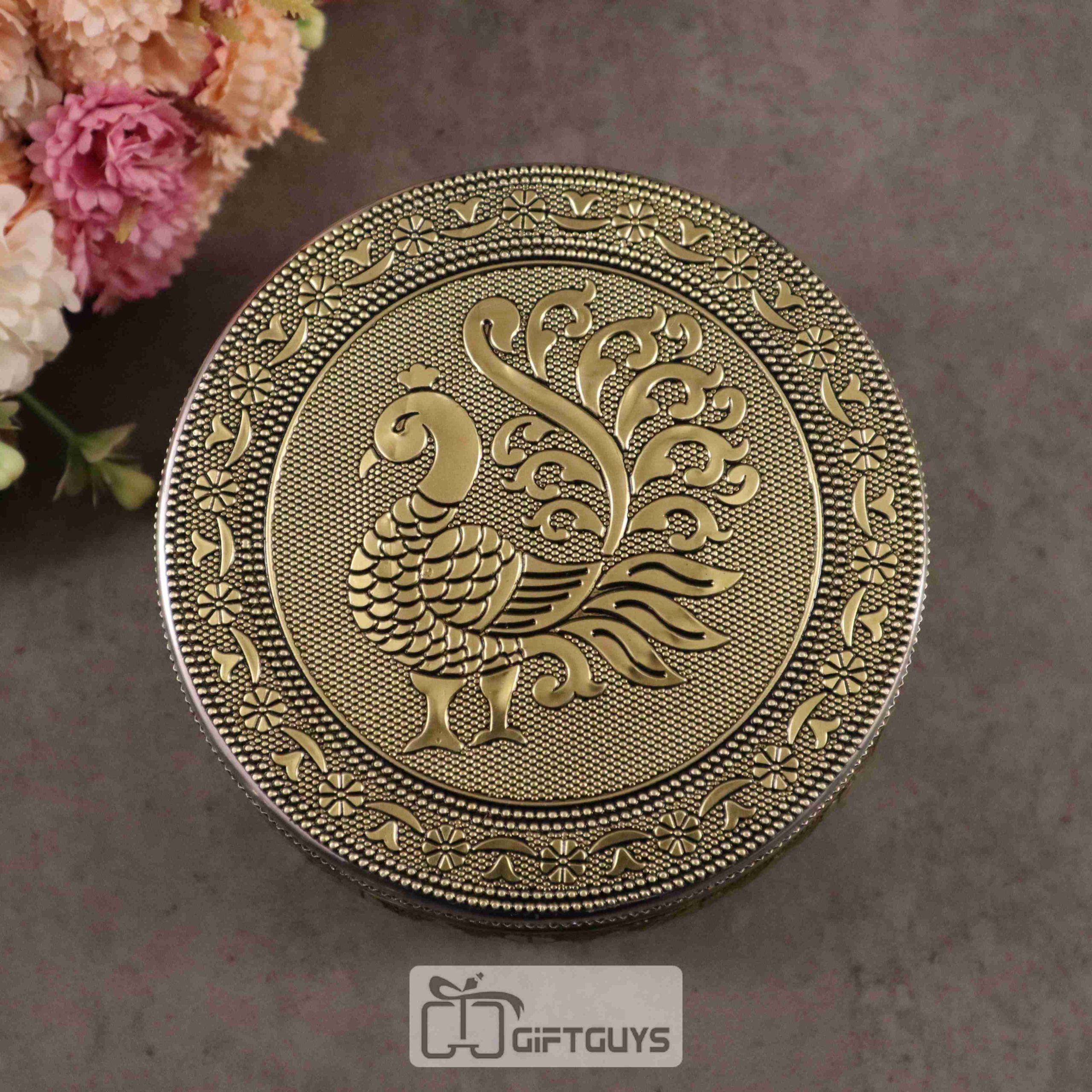 Golden Finish Peacock Design Steel Box – Decorative Gift Box for Jewelry, Pooja & Return Gifts (5-Inch) - Image 2