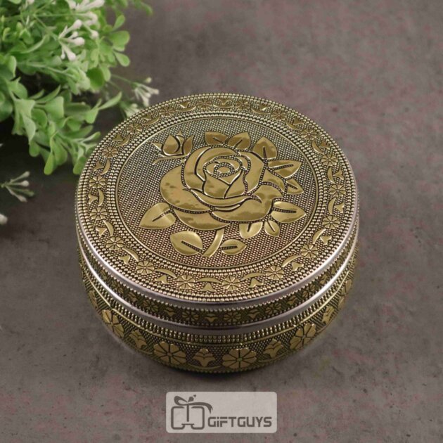 Golden Finish Rose Design Steel Box – Floral Gift Box for Pooja, Jewelry & Festive Return Gifts (5-Inch)