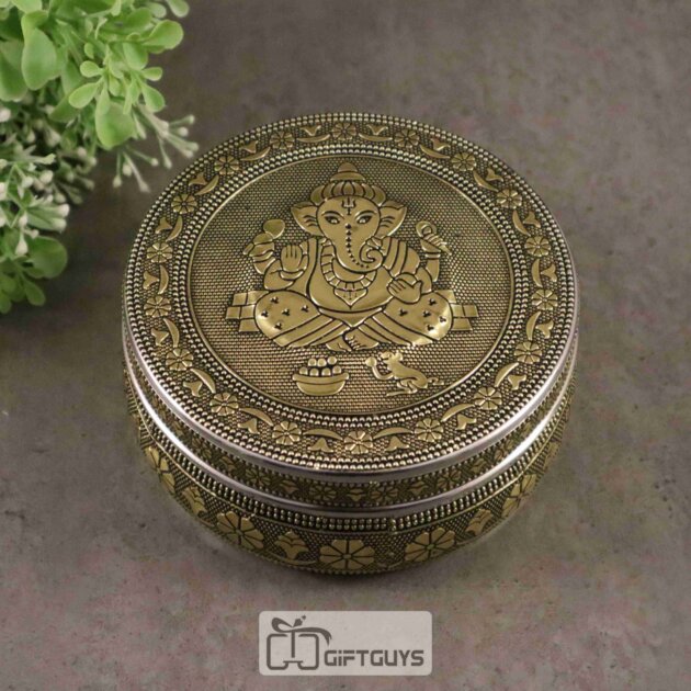 Golden Finish Ganesha Design Steel Box – Decorative Storage Container for Pooja & Gifts (5-Inch)
