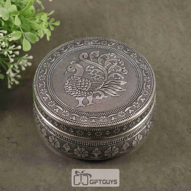 Silver Finish Peacock Design Steel Box – Decorative Storage Tin for Pooja & Return Gifts (5-Inch)