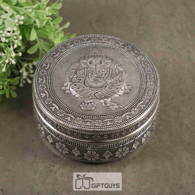 Oxidised Ganesha Design Stainless Steel Box – Decorative Round Storage Container (5-Inch)
