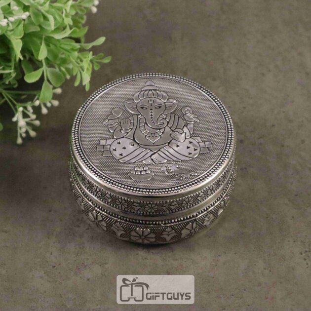 Oxidised Ganesha Design Stainless Steel Box – Decorative Round Storage Container (4-Inch)