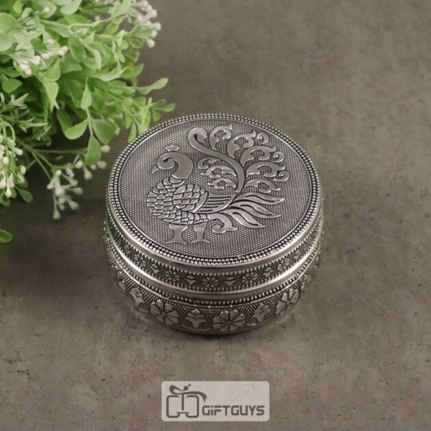 Silver Finish Peacock Design Steel Box – Decorative Storage Tin for Pooja & Return Gifts (4-Inch)