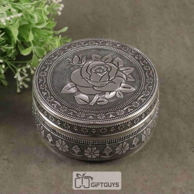 Handcrafted Oxidised Steel Round Box – Floral Engraved | 5-Inch Decorative Storage Container