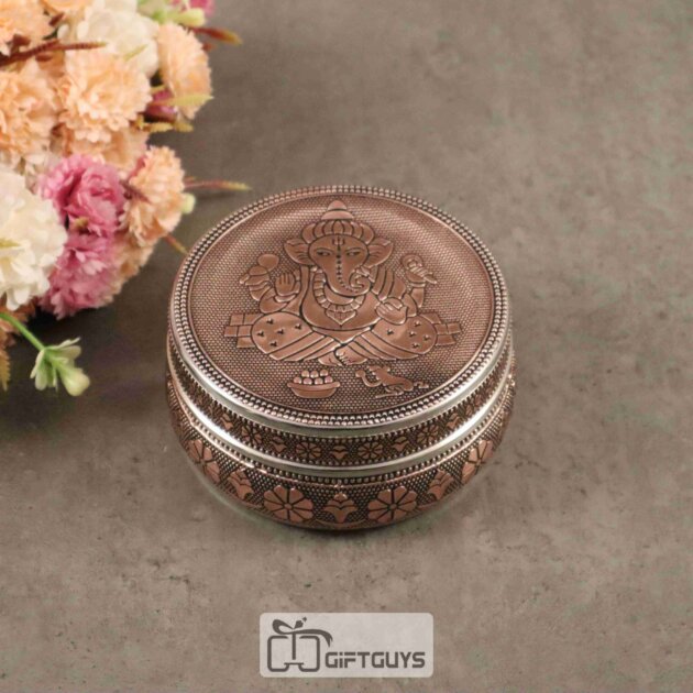Copper Finish Ganesha Design Steel Box – Decorative Storage Container for Pooja & Gifts (4-Inch)