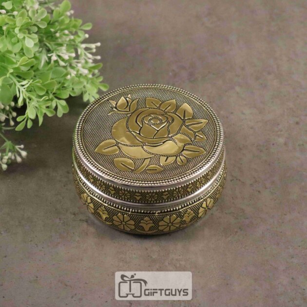Golden Finish Rose Design Steel Box – Floral Gift Box for Pooja, Jewelry & Festive Return Gifts (4-Inch)