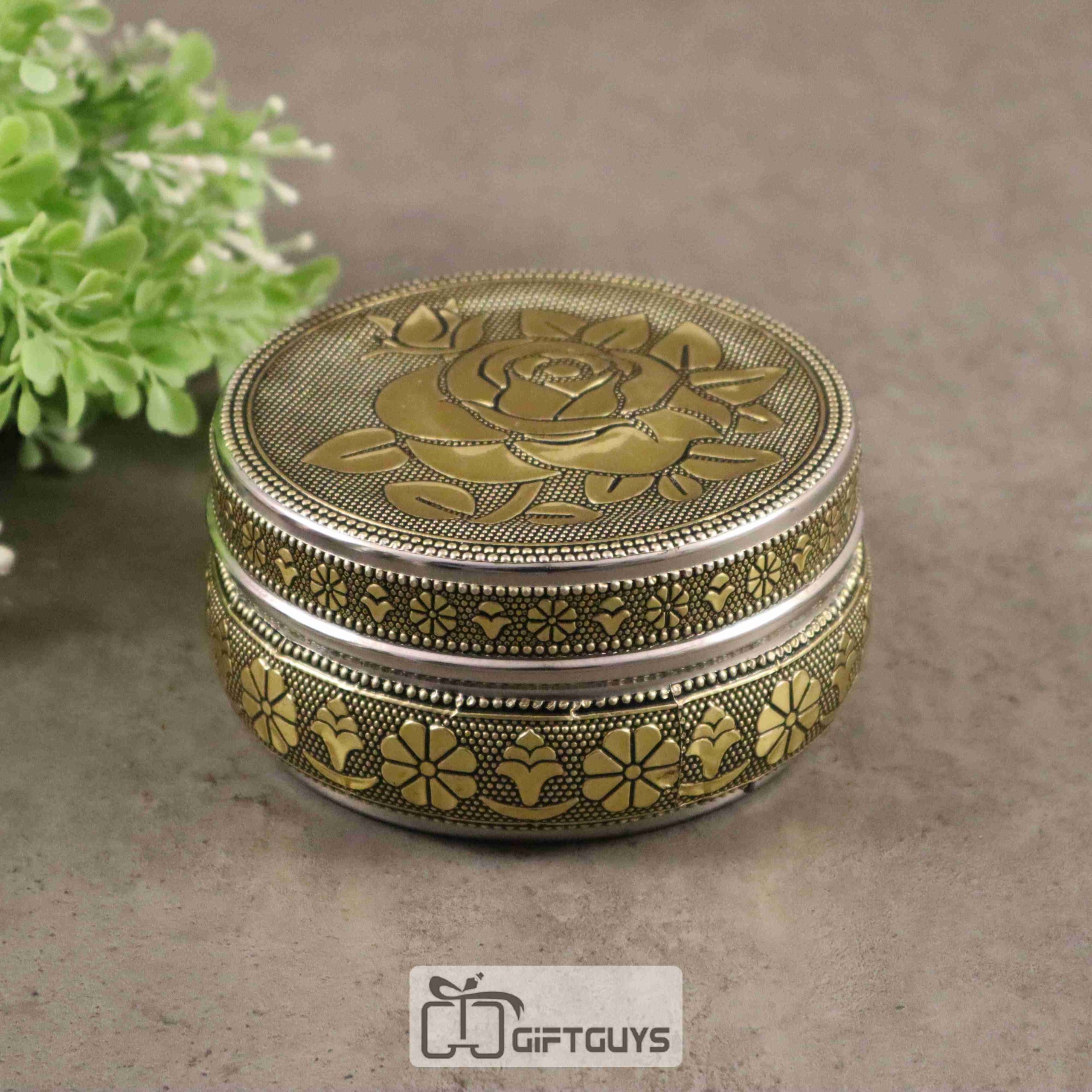Golden Finish Rose Design Steel Box – Floral Gift Box for Pooja, Jewelry & Festive Return Gifts (4-Inch) - Image 2