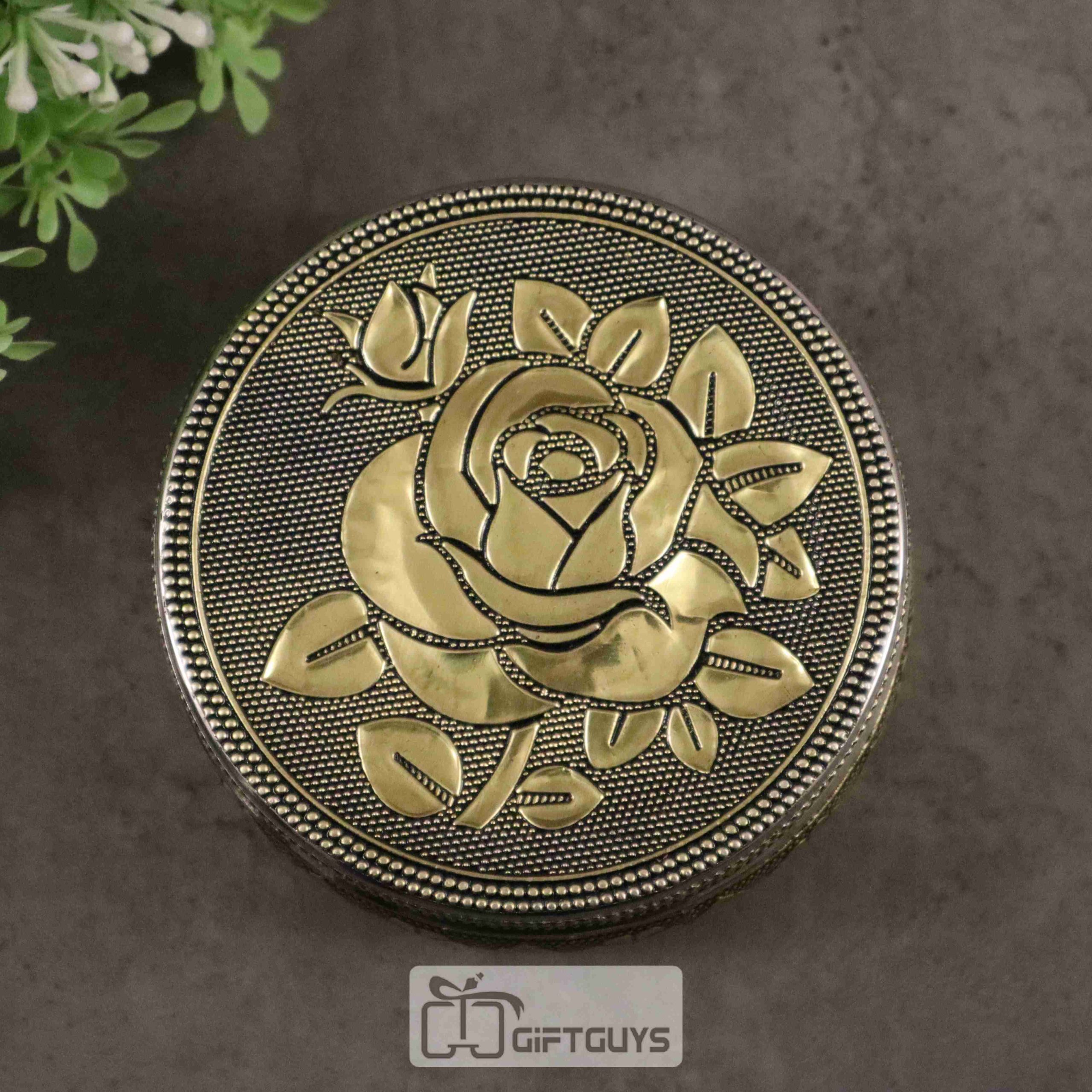 Golden Finish Rose Design Steel Box – Floral Gift Box for Pooja, Jewelry & Festive Return Gifts (4-Inch) - Image 3