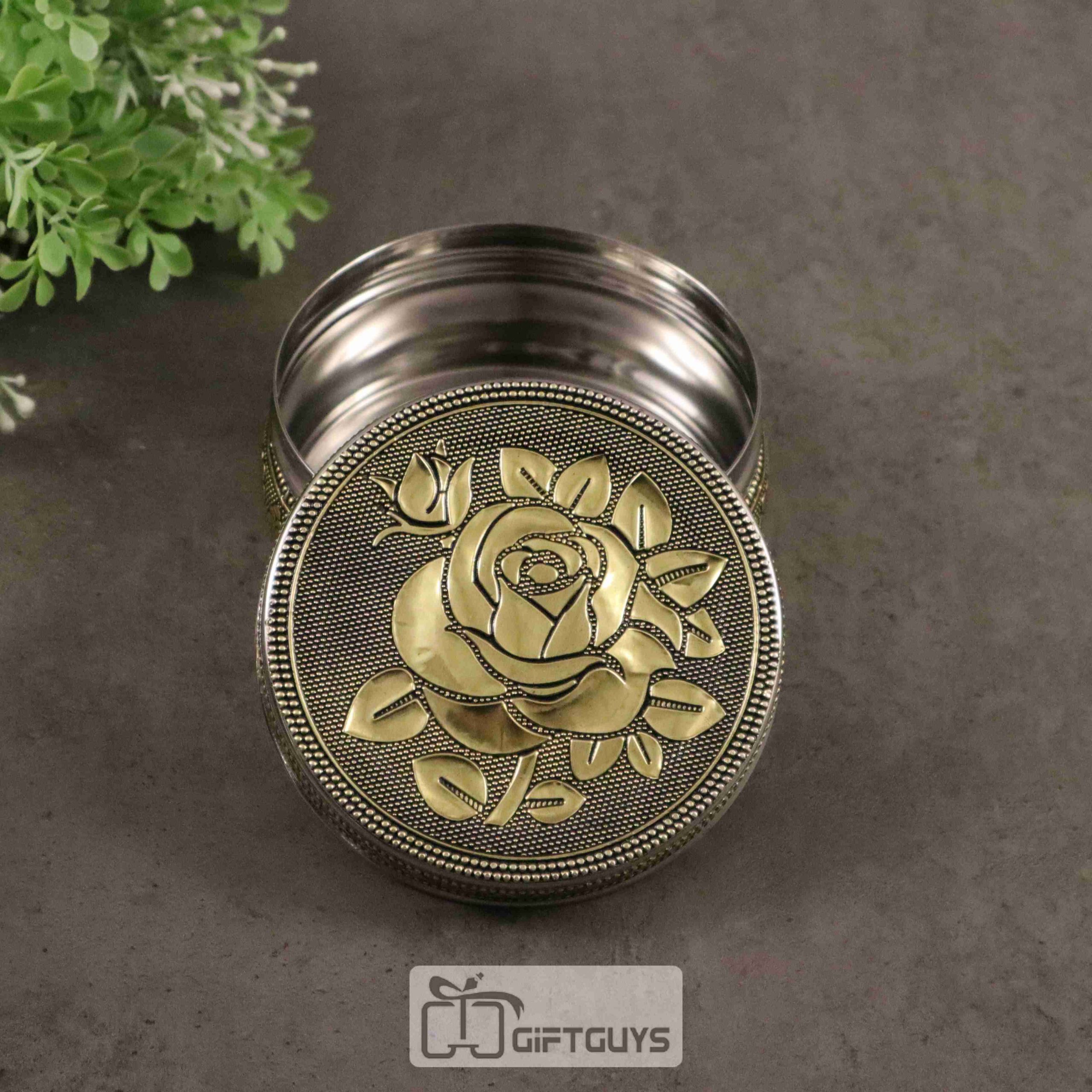 Golden Finish Rose Design Steel Box – Floral Gift Box for Pooja, Jewelry & Festive Return Gifts (4-Inch) - Image 4