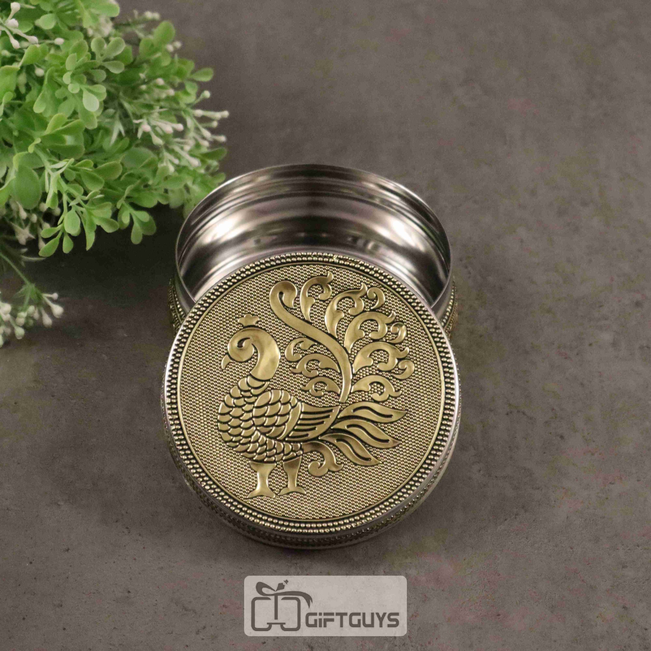 Golden Finish Peacock Design Steel Box – Decorative Gift Box for Jewelry, Pooja & Return Gifts (4-Inch) - Image 2