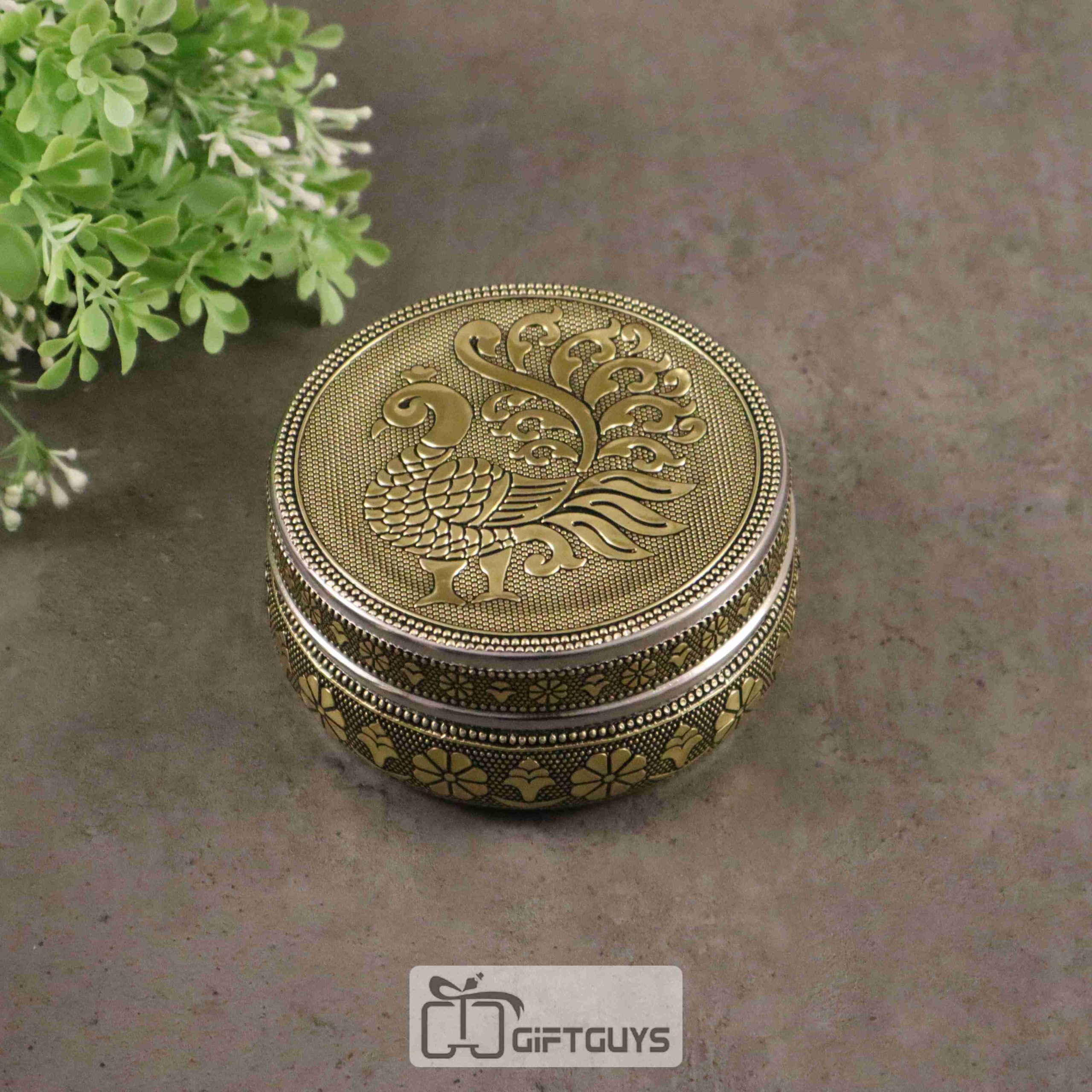 Golden Finish Peacock Design Steel Box – Decorative Gift Box for Jewelry, Pooja & Return Gifts (4-Inch)