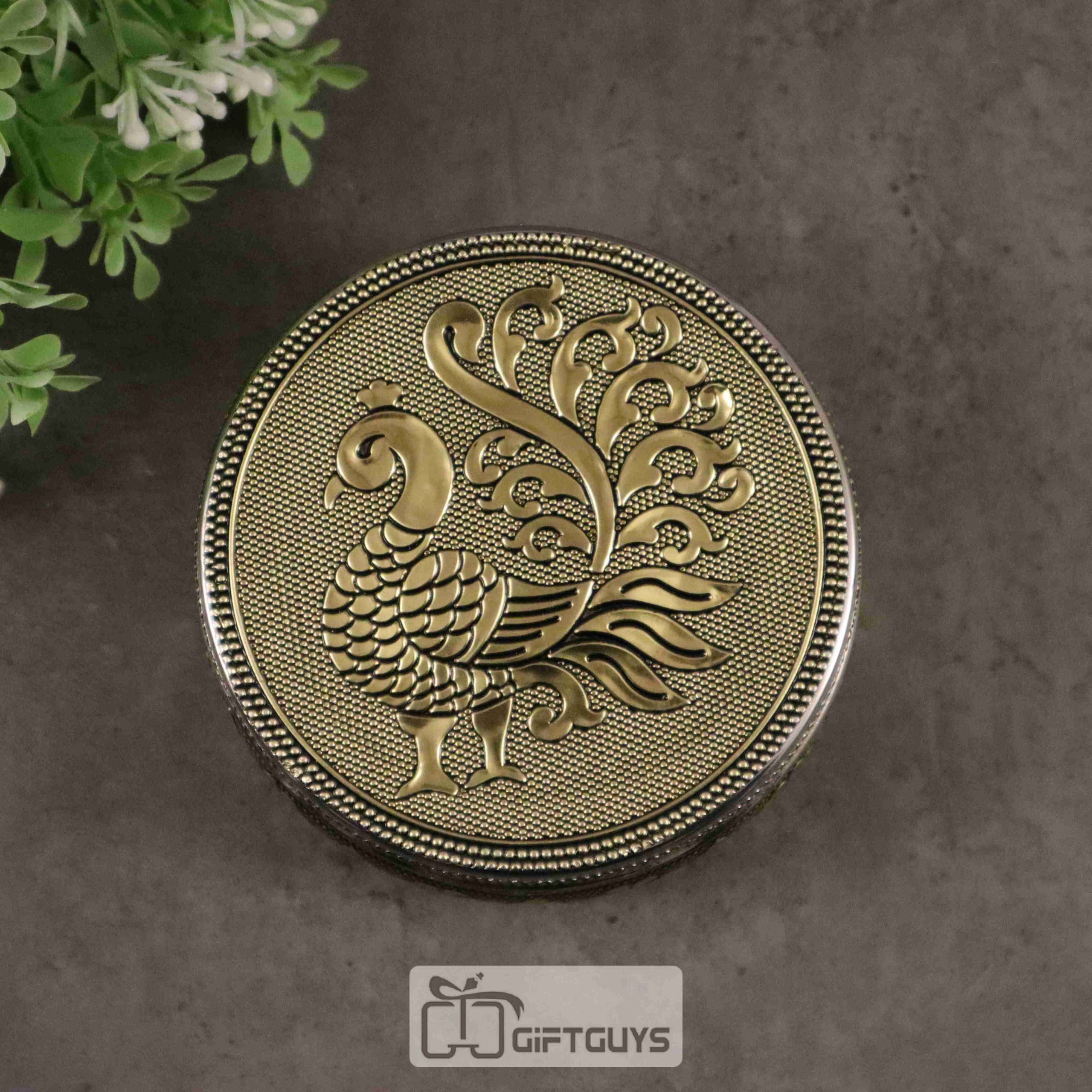 Golden Finish Peacock Design Steel Box – Decorative Gift Box for Jewelry, Pooja & Return Gifts (4-Inch) - Image 3