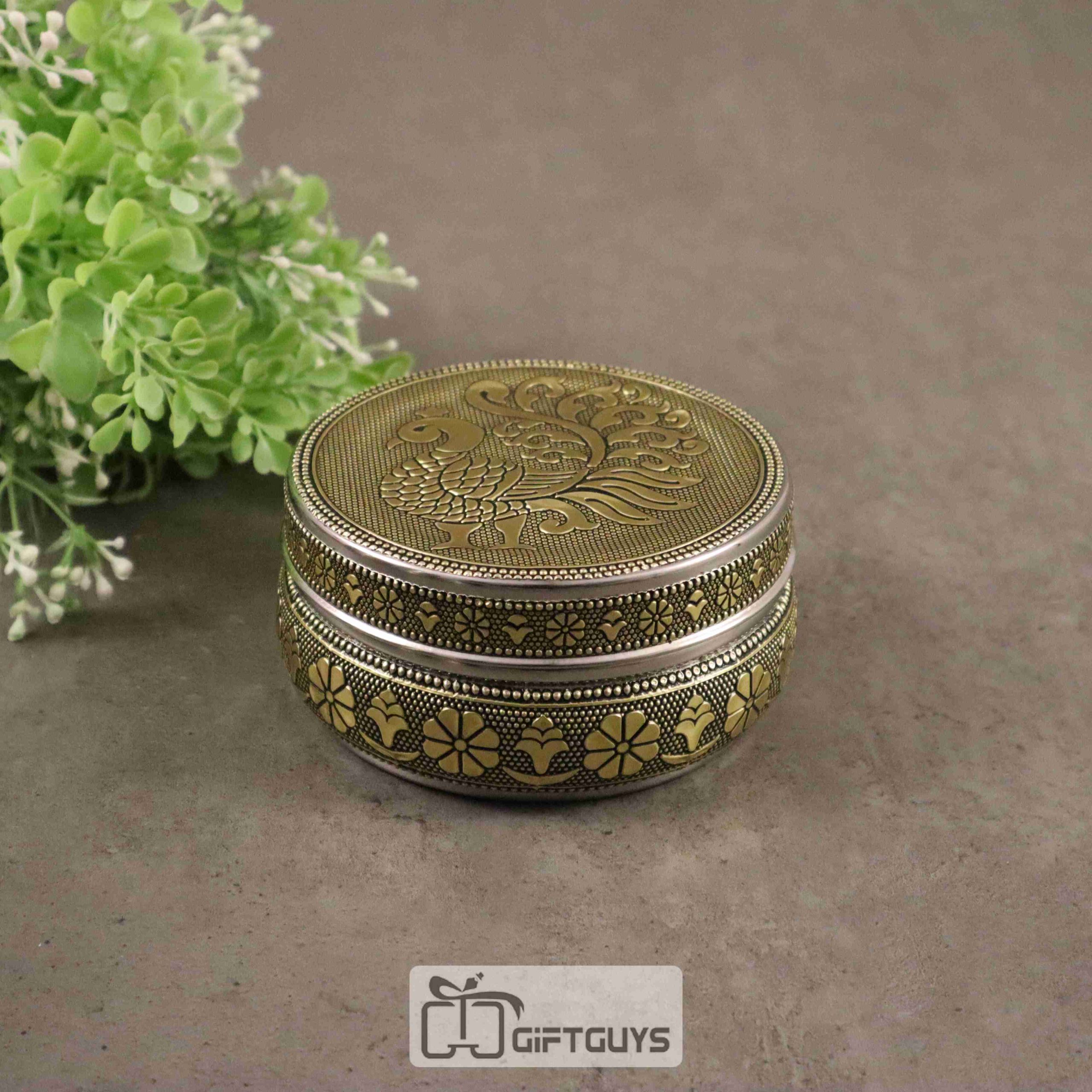 Golden Finish Peacock Design Steel Box – Decorative Gift Box for Jewelry, Pooja & Return Gifts (4-Inch) - Image 4