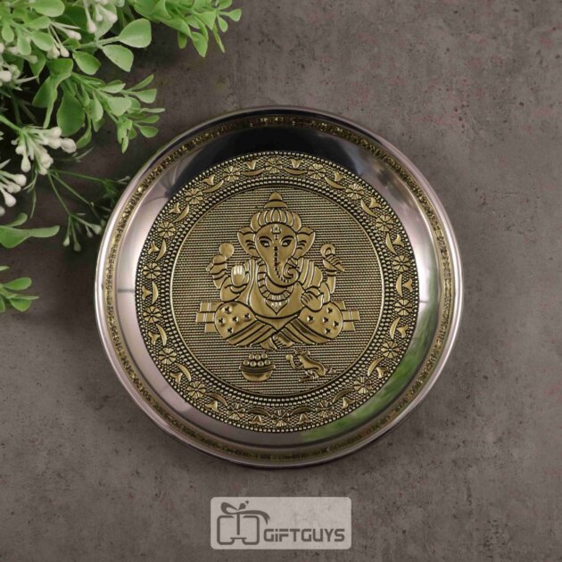 Golden oxidised Ganesha designed plate 6 inch