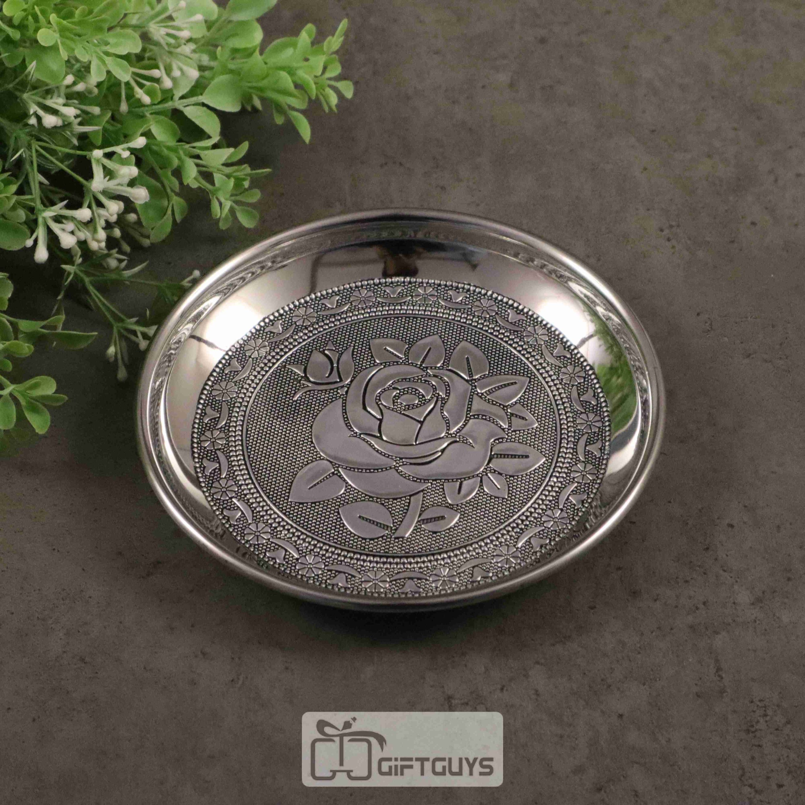 Silver oxidised Floral designed steel plate 6 inch - Image 2