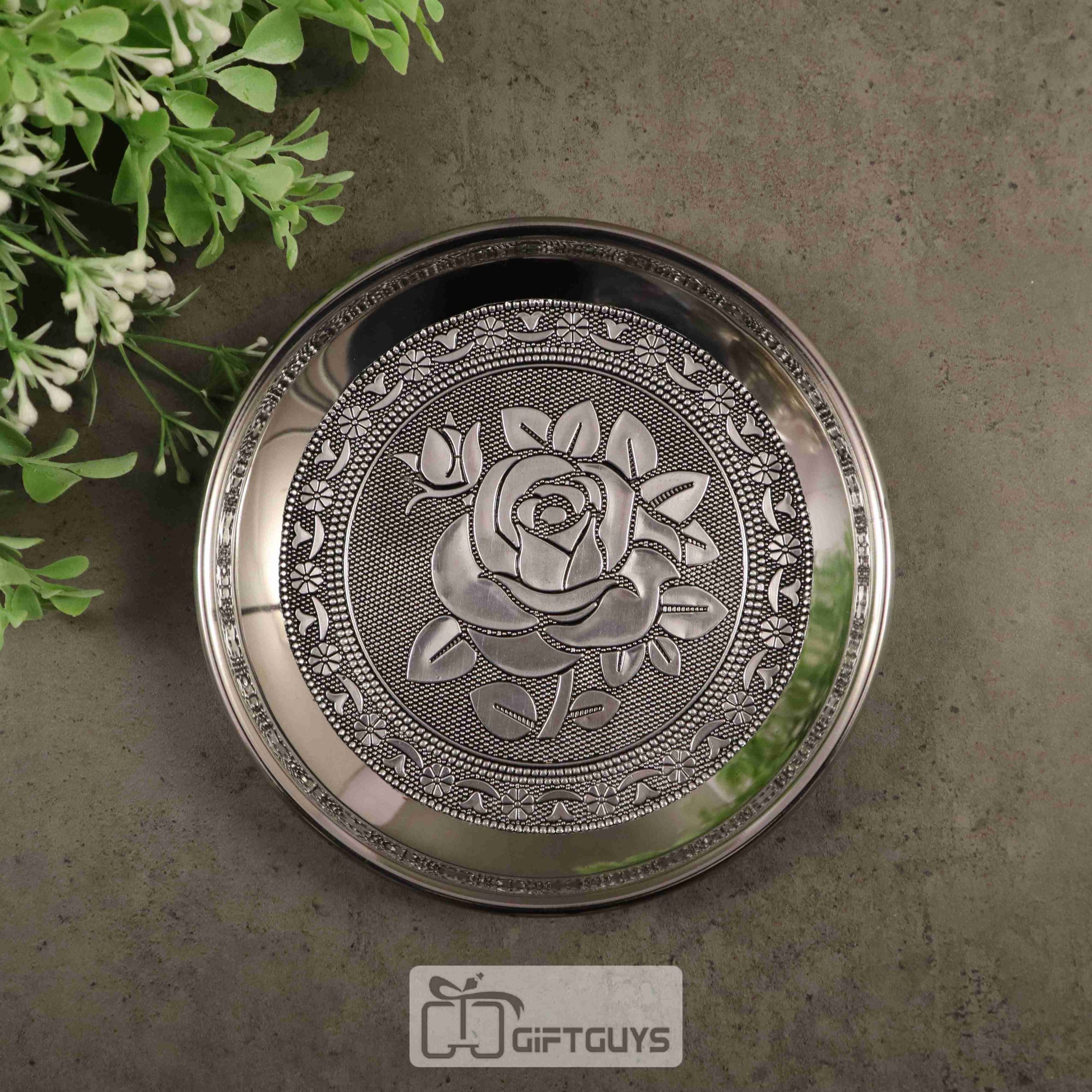 Silver oxidised Floral designed steel plate 6 inch