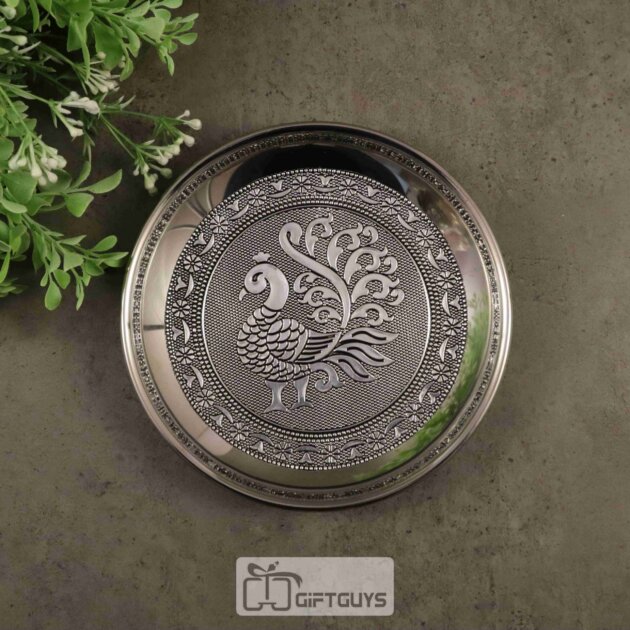 Silver oxidised peacock designed steel plate 6 inch