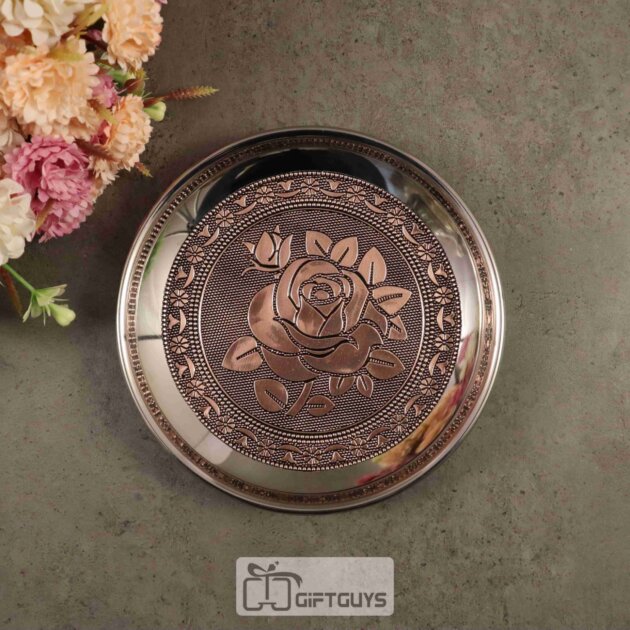 Copper oxidised floral designed steel plate 6 inch