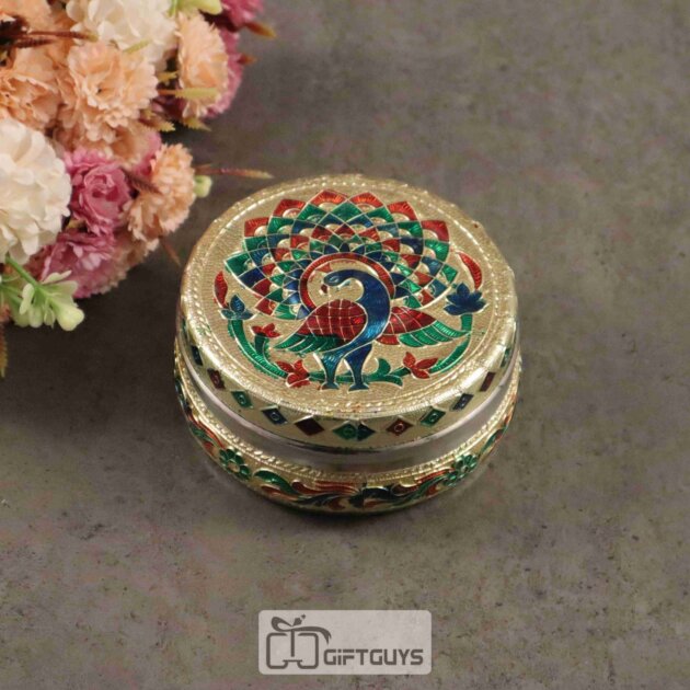 Meenakari Decorative steel Box with Peacock Design – Round Gift & Décor Box (4-Inch)