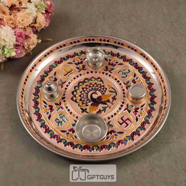 Meenakari Peacock designed Pooja thali 11 inch