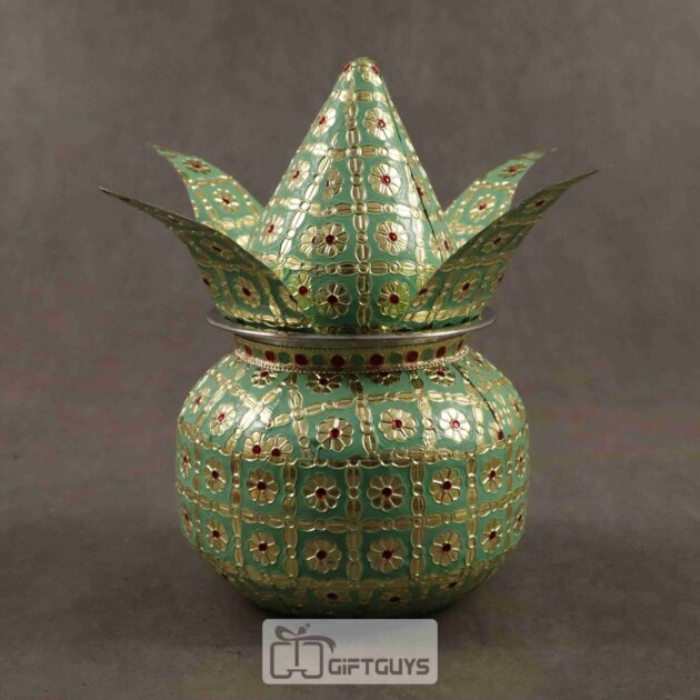 Meenakari Steel Kalash Decorative Pooja Showpiece – Green Gold Finish