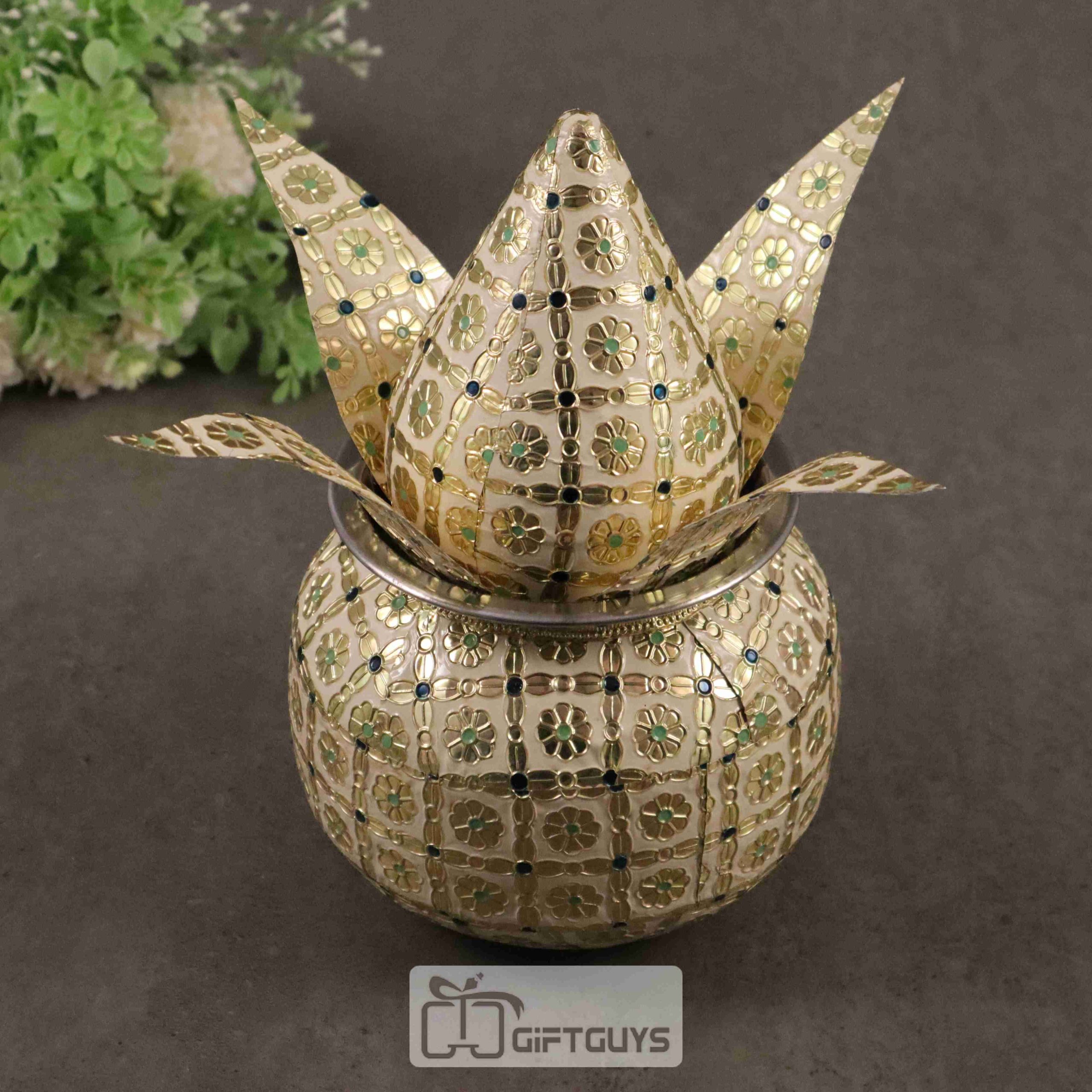 Meenakari Steel Kalash Decorative Pooja Showpiece – White Gold Finish