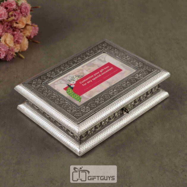 Personalized Oxidised Wooden Dry Fruit Box – 9 x 7 inch with Custom Photo Frame