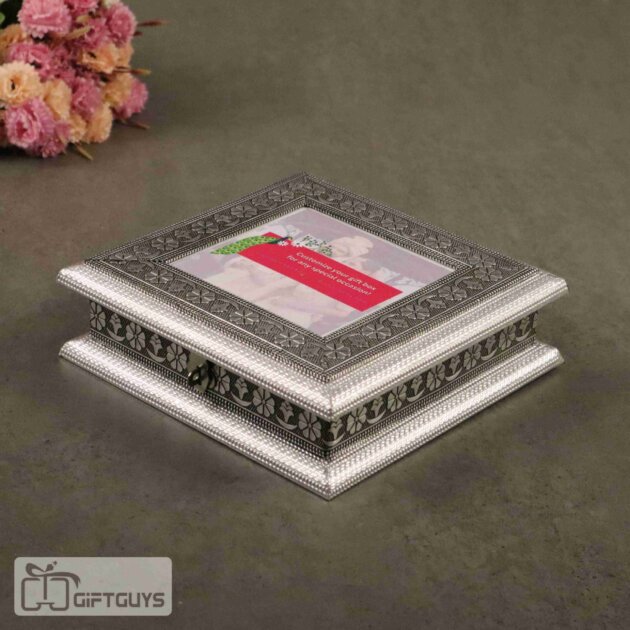 Customizable Photo Wooden Oxidised Dry Fruit Box – 8x8 inch Gift Box with Personal Photo
