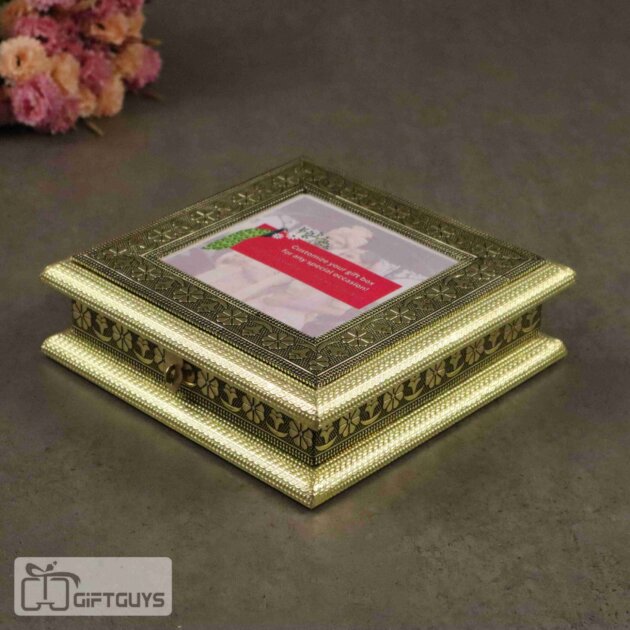 Customizable Photo Wooden Oxidised Dry Fruit Box – 8×8 inch Gift Box with Personal Photo