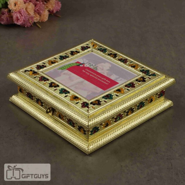 Wooden Golden Meenakari customizable photo dryfruit box 8 X 8 inch