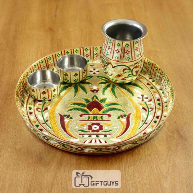 Meenakari Steel Pooja Thali Set – 3 Pc Traditional Set | GiftGuys