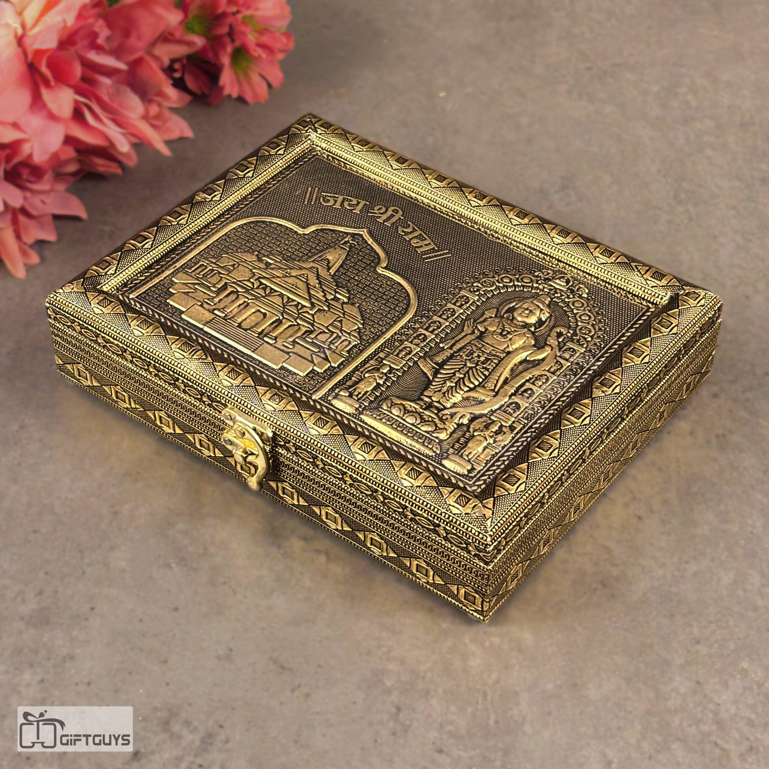 Shree Ram Mandir Dry Fruit Box – Engraved Decorative Wooden Gift Box