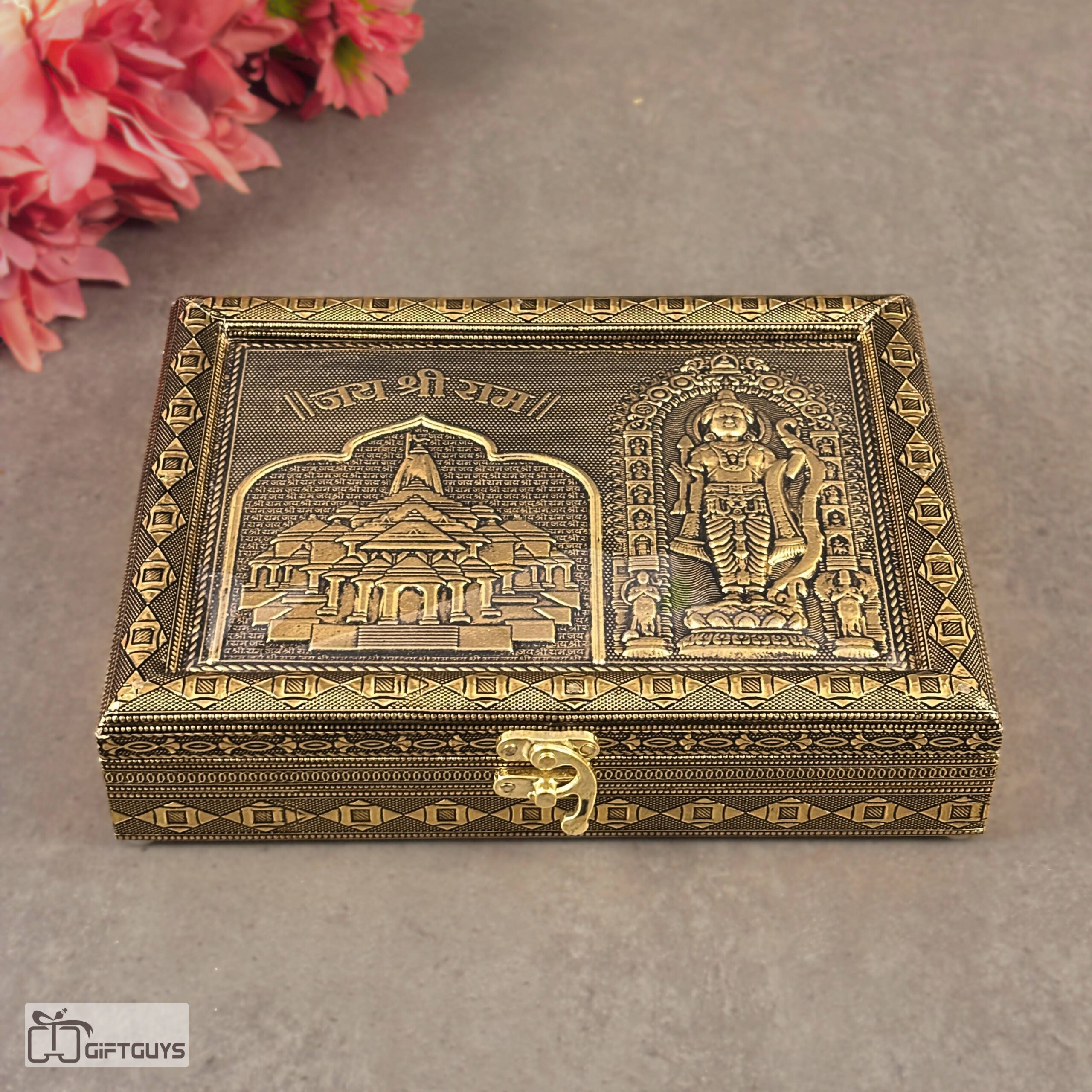 Shree Ram Mandir Dry Fruit Box – Engraved Decorative Wooden Gift Box - Image 3