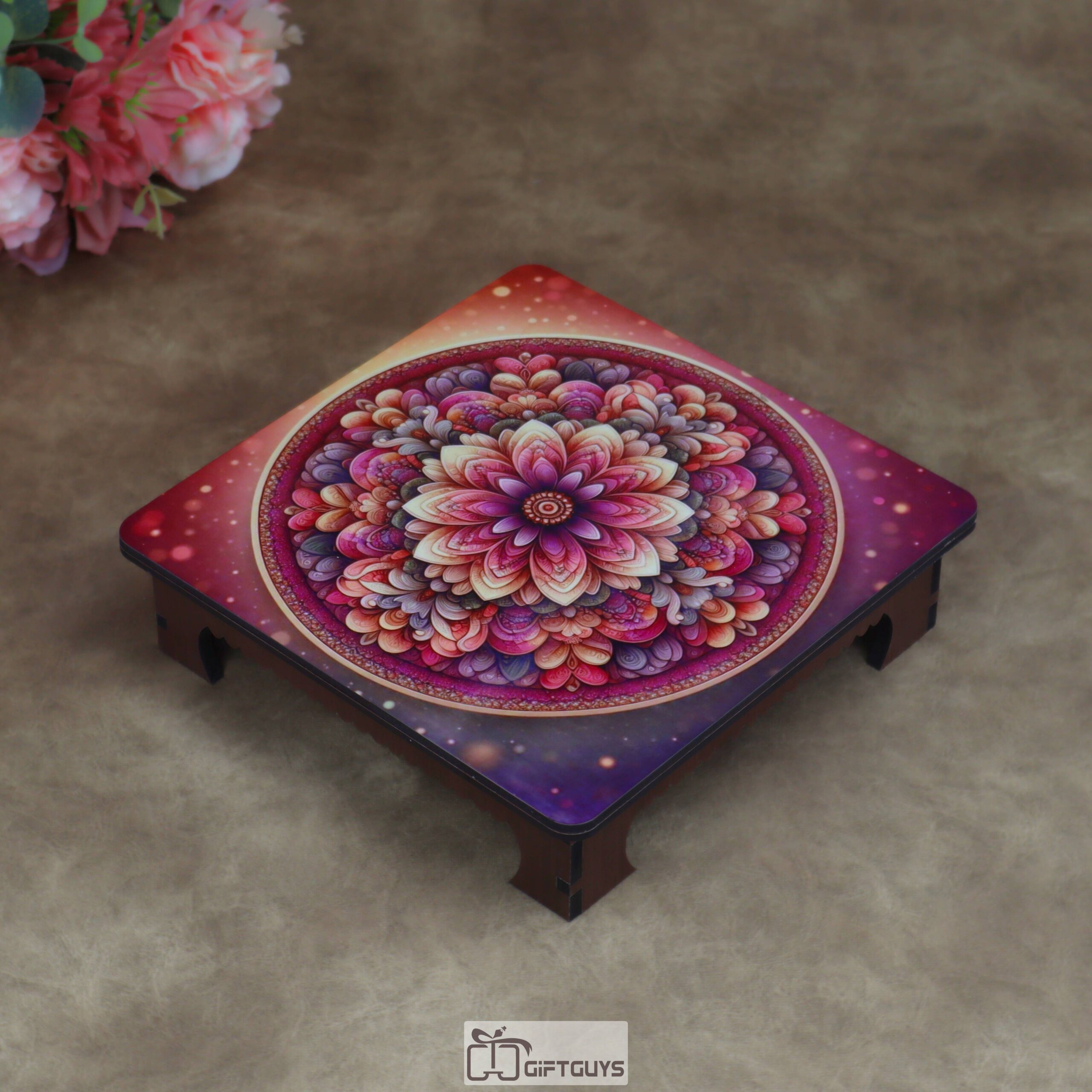 Wooden Printed Puja Chowki | Vibrant Floral Mandala Design Display Pedestal