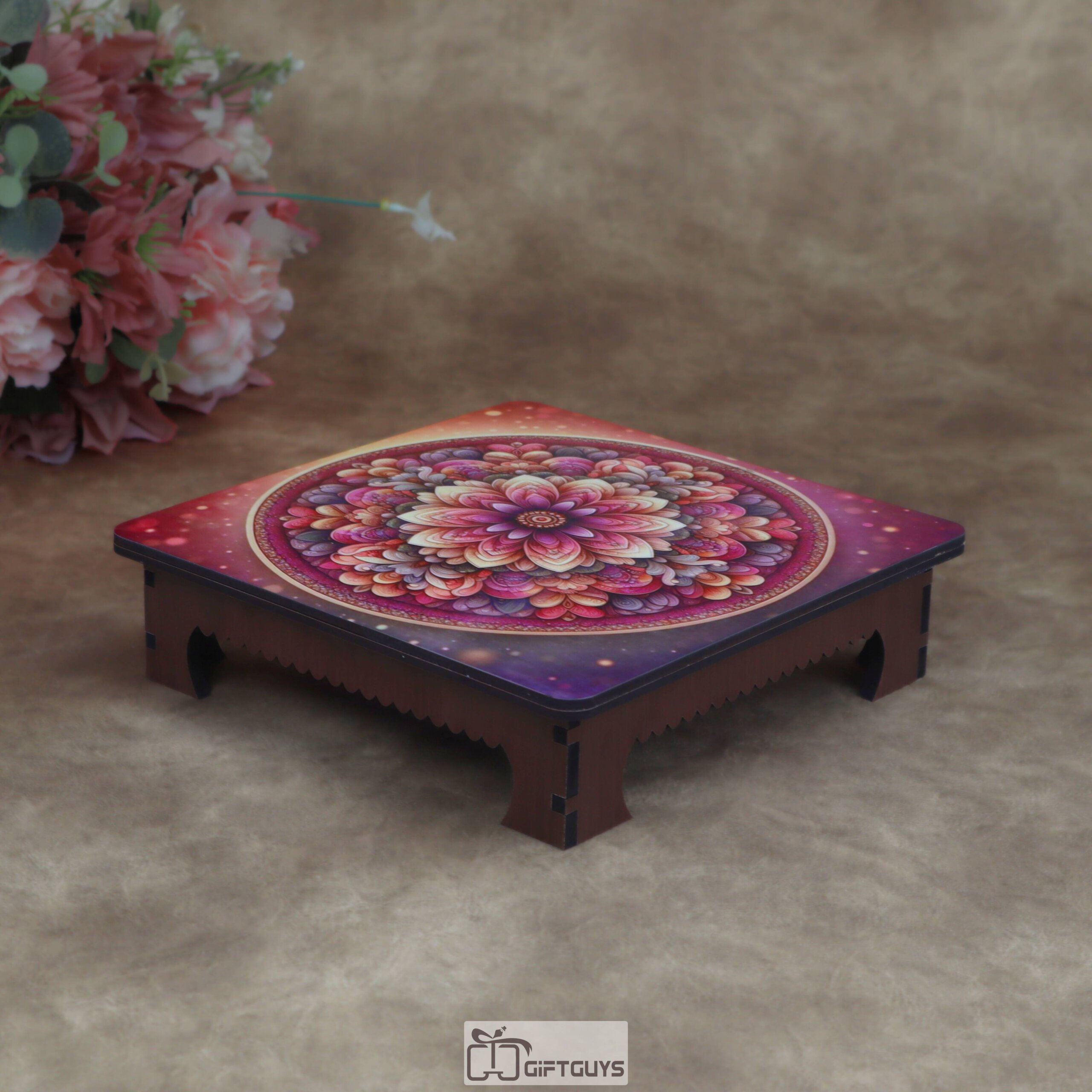 Wooden Printed Puja Chowki | Vibrant Floral Mandala Design Display Pedestal - Image 3