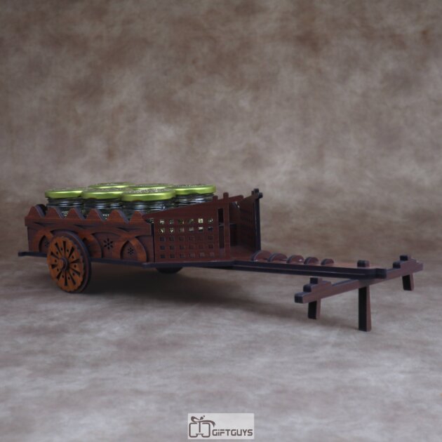Traditional Wooden Cart Dry Fruit/Spice Serving Set with 6 Designer Glass Jars | Decorative Table Showpiece Gift