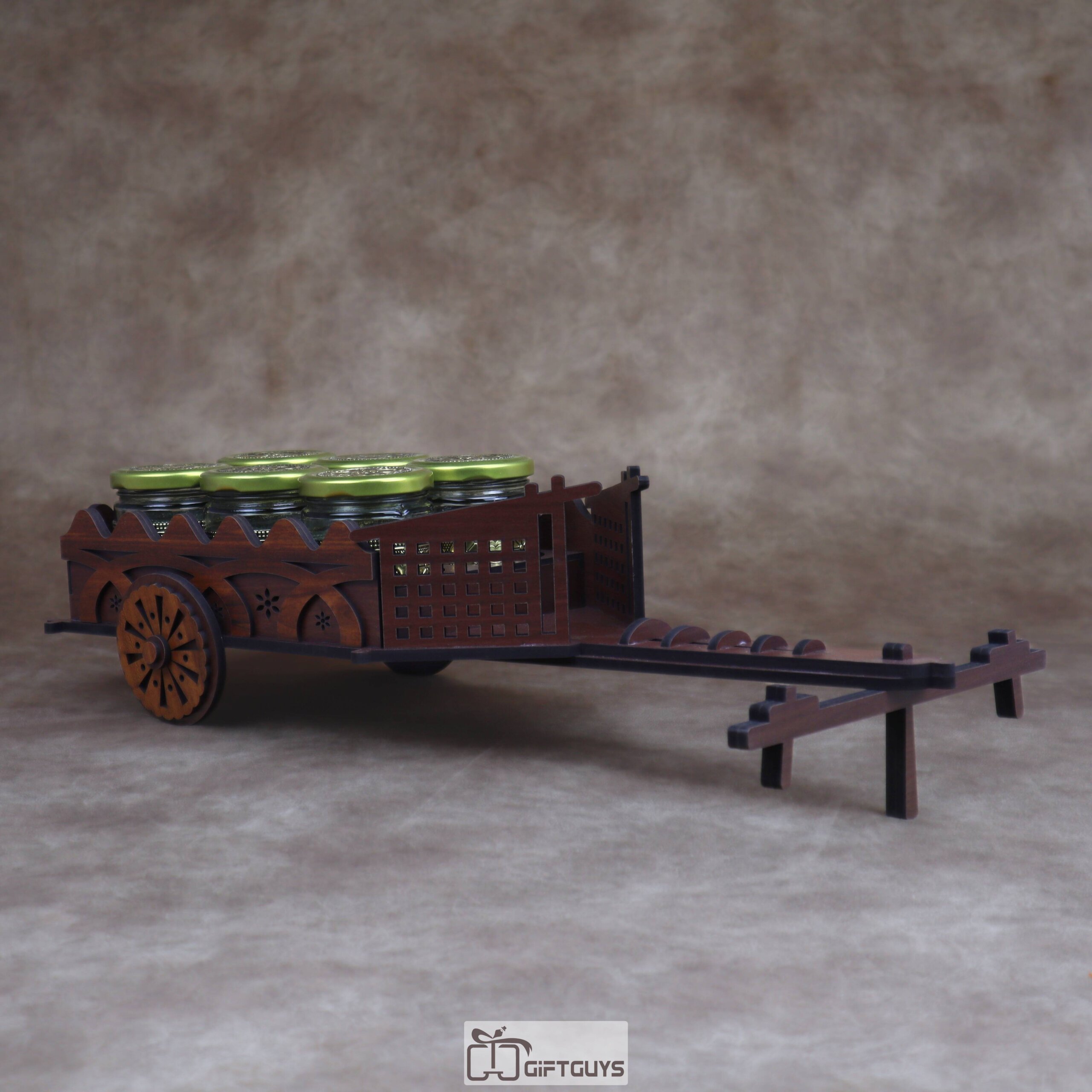 Traditional Wooden Cart Dry Fruit/Spice Serving Set with 6 Designer Glass Jars | Decorative Table Showpiece Gift