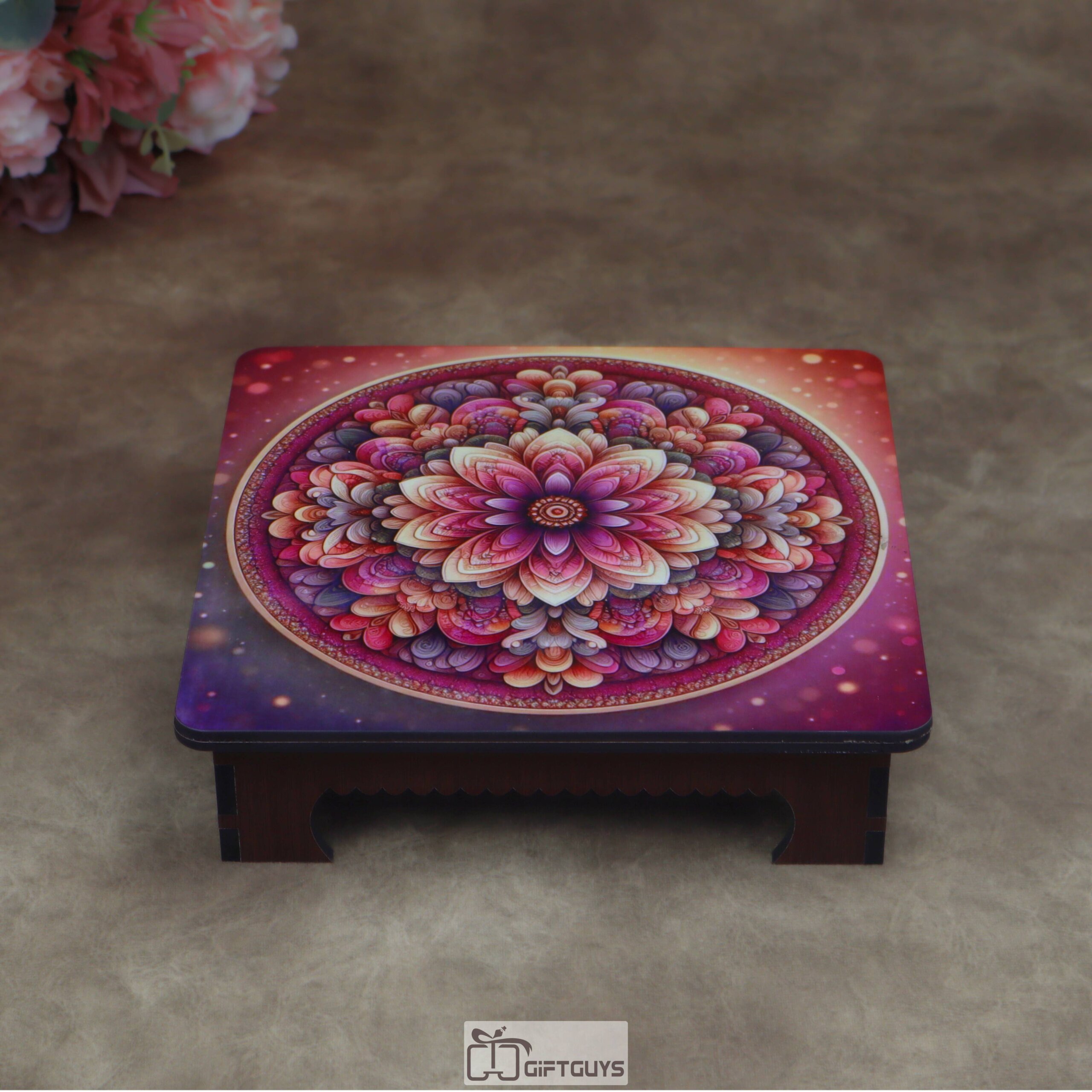 Wooden Printed Puja Chowki | Vibrant Floral Mandala Design Display Pedestal - Image 4