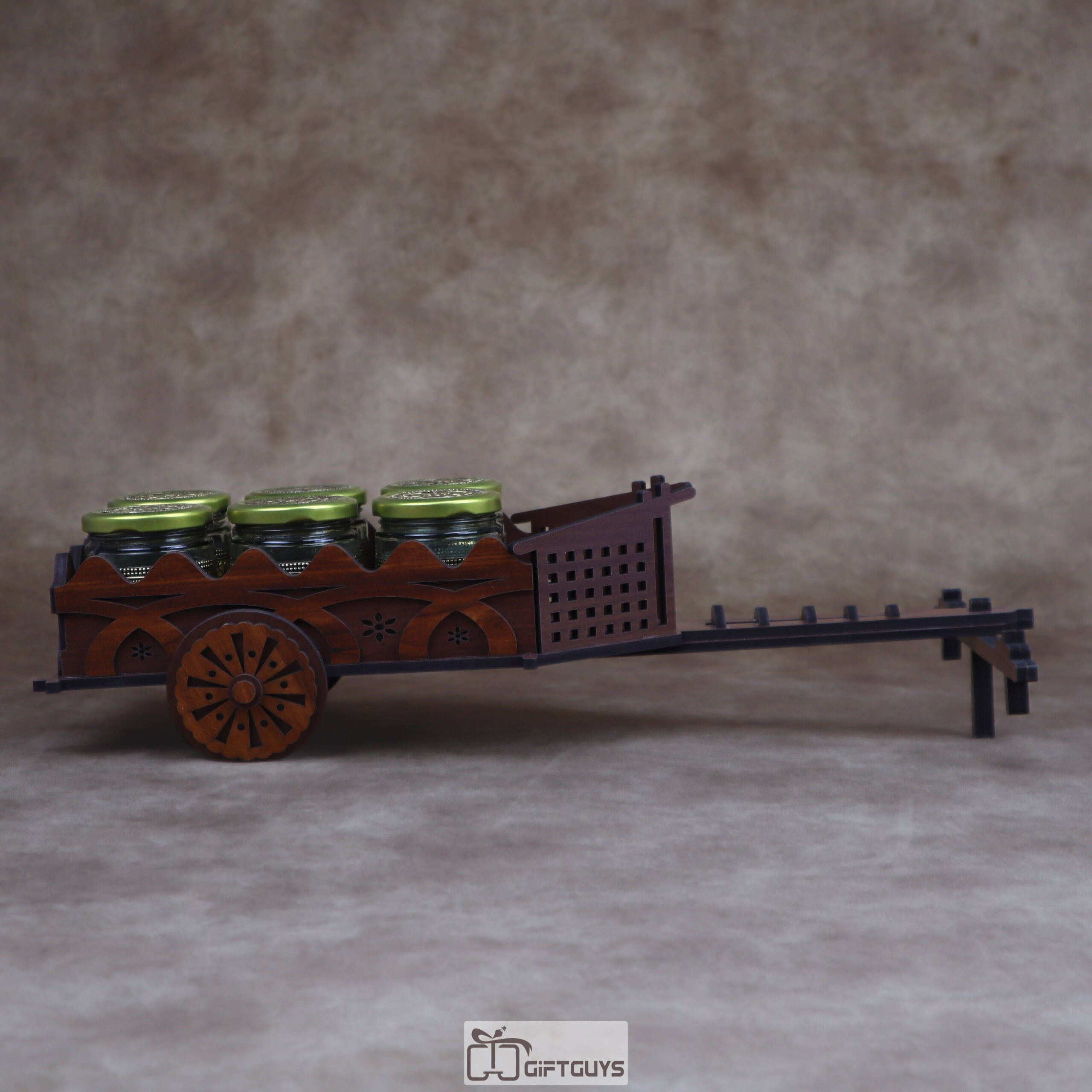 Traditional Wooden Cart Dry Fruit/Spice Serving Set with 6 Designer Glass Jars | Decorative Table Showpiece Gift - Image 2