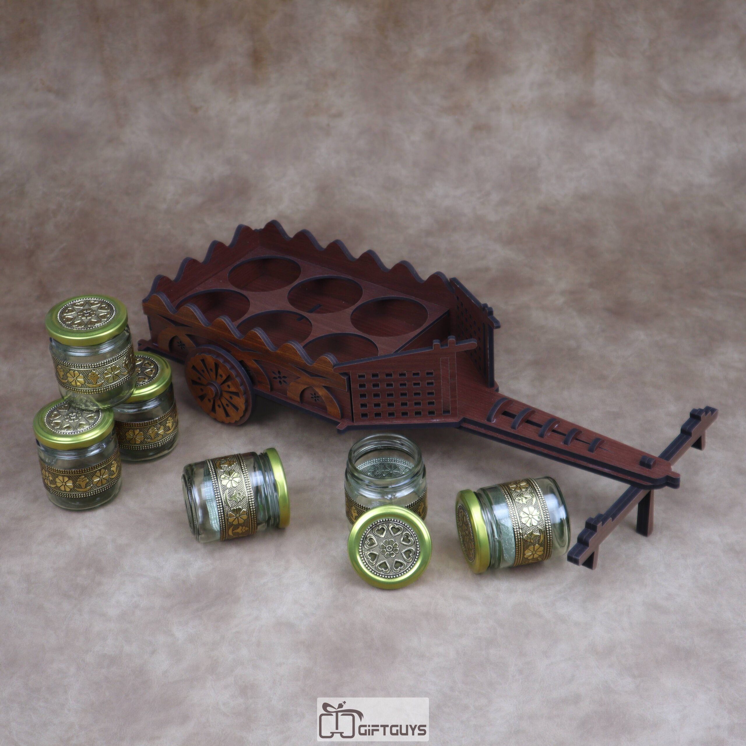 Traditional Wooden Cart Dry Fruit/Spice Serving Set with 6 Designer Glass Jars | Decorative Table Showpiece Gift - Image 3