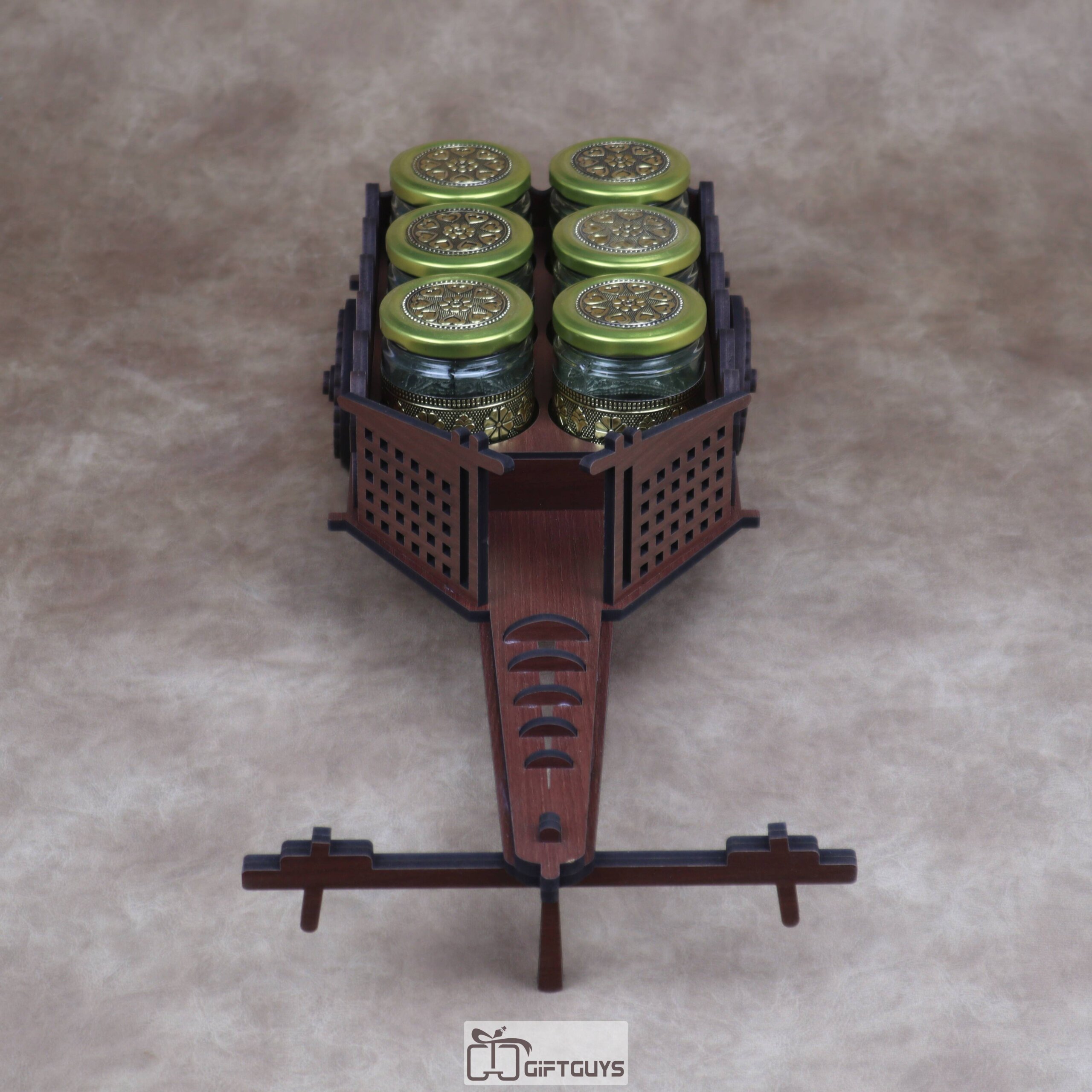 Traditional Wooden Cart Dry Fruit/Spice Serving Set with 6 Designer Glass Jars | Decorative Table Showpiece Gift - Image 4