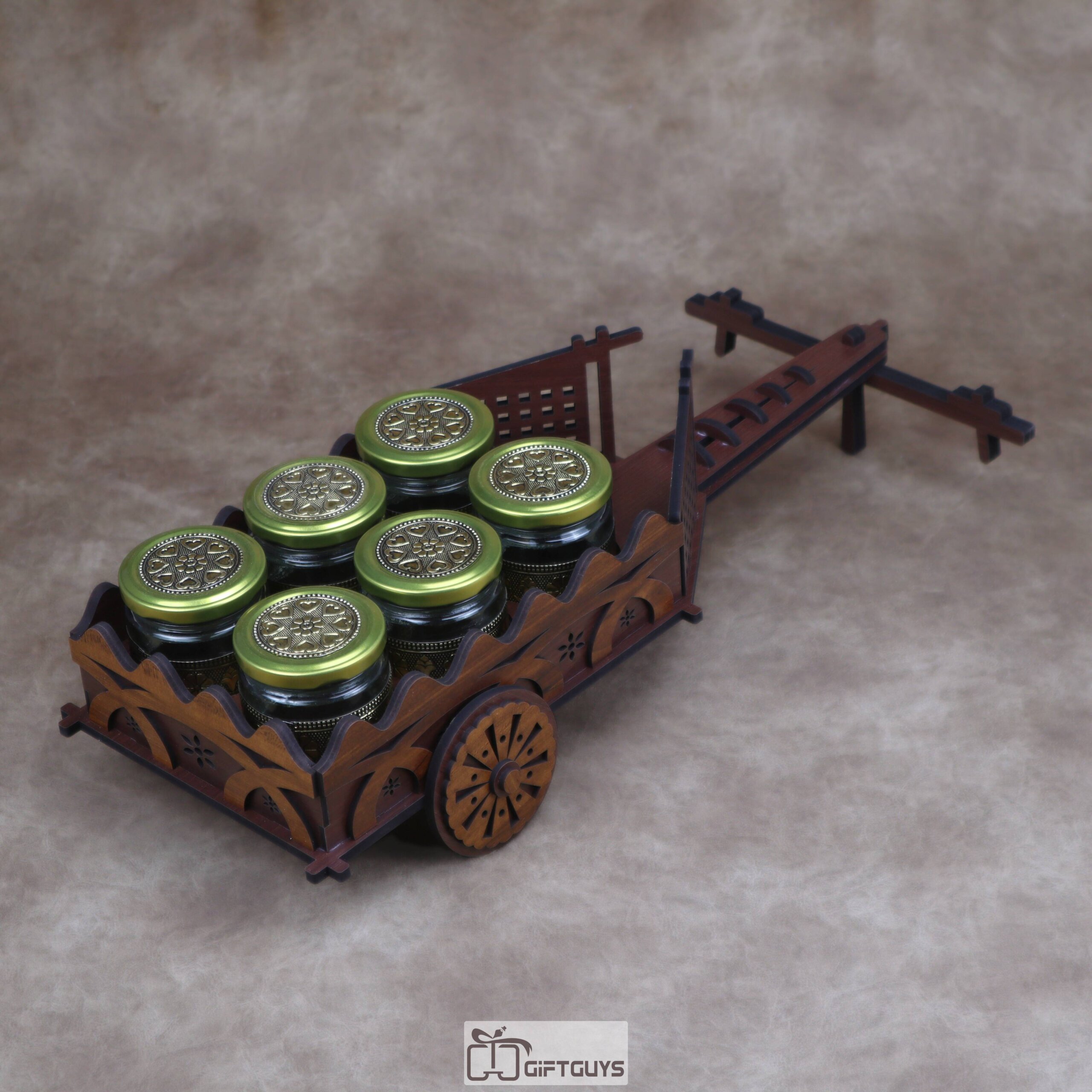Traditional Wooden Cart Dry Fruit/Spice Serving Set with 6 Designer Glass Jars | Decorative Table Showpiece Gift - Image 5