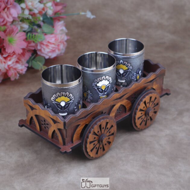 Traditional Wooden Cart Bar Serving Set with Hand-Painted Meenakari Steel Glasses ( Set of 3 Glass )