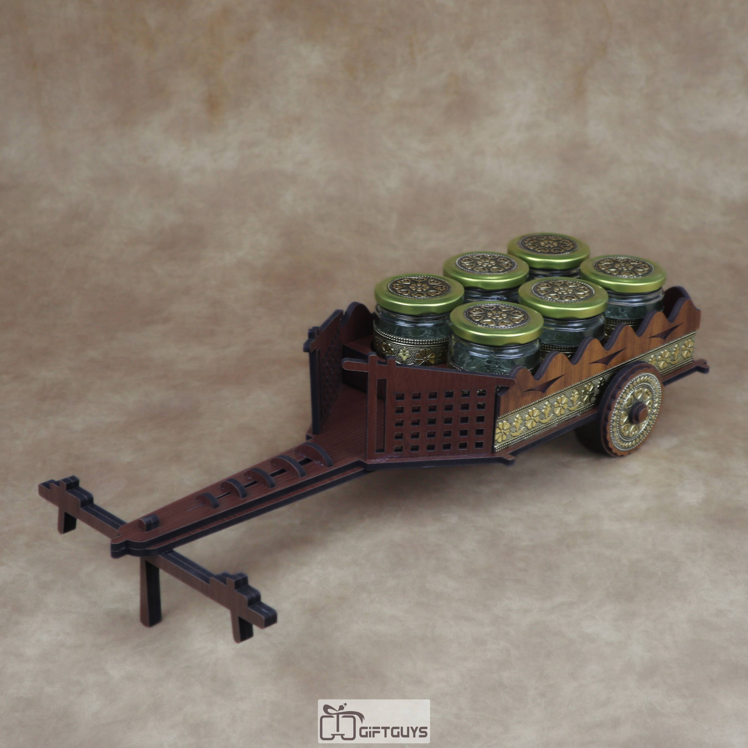 Traditional Wooden Cart Dry Fruit/Spice Serving Set with 6 Designer Glass Jars | Decorative Table Showpiece Gift - Image 7