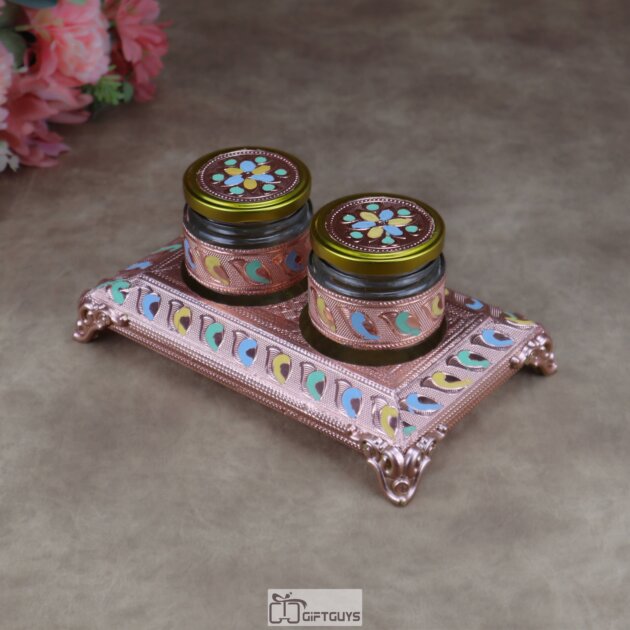Traditional Wooden Meenakari & Oxidised Serving Tray with 2 Glass Jars | Decorative Dry Fruit & Mukhwas Organizer Set | Luxury Festive Gift Item