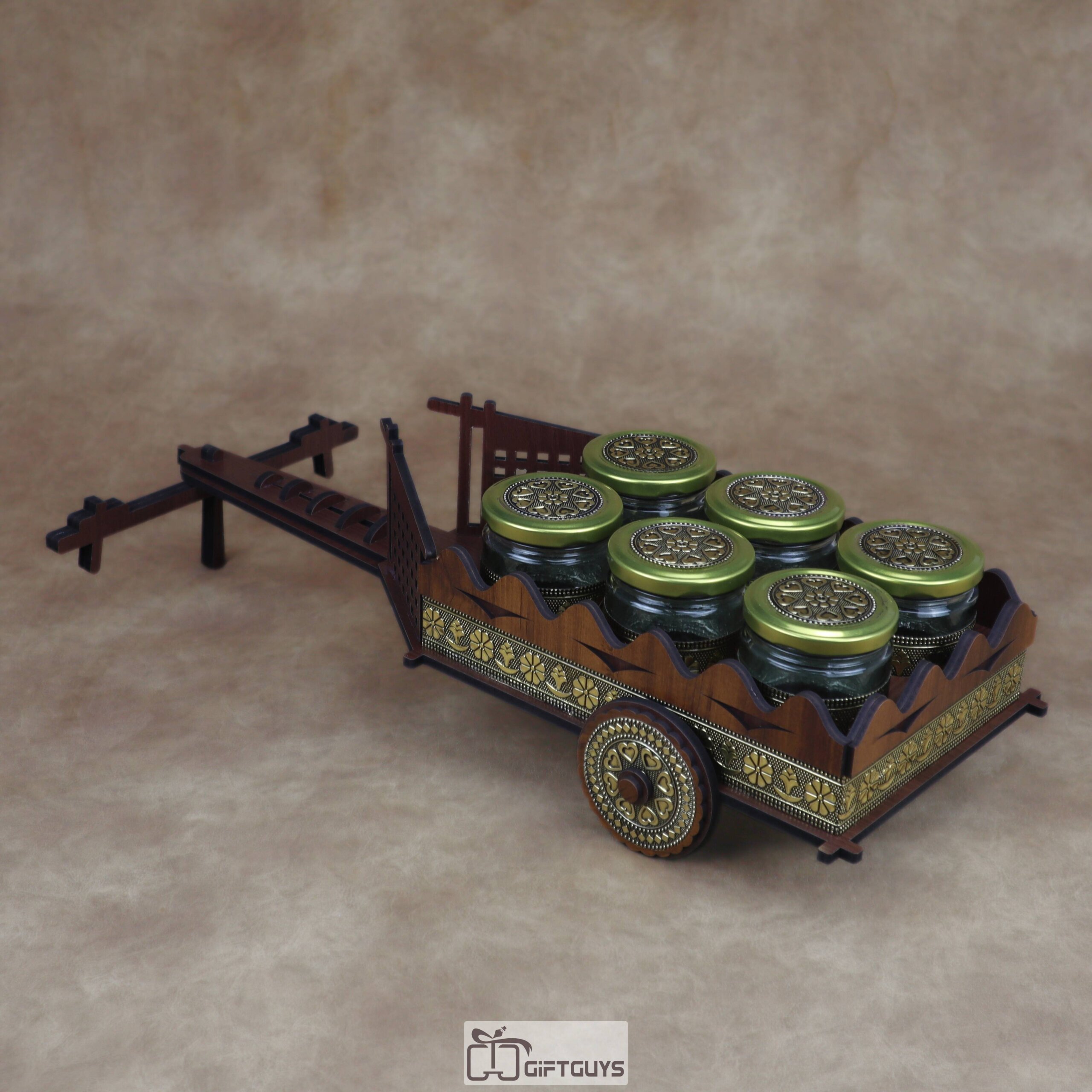 Traditional Wooden Cart Dry Fruit/Spice Serving Set with 6 Designer Glass Jars | Decorative Table Showpiece Gift - Image 9